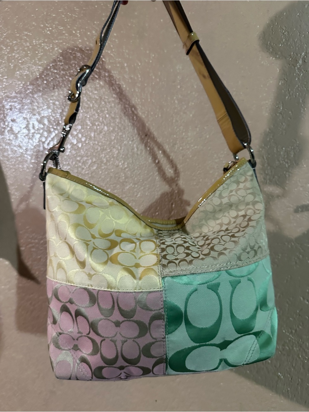 Coach Patchwork Signature Hobo Bag - Pastel Yellow, Pink, Mint, Beige - Picture 2 of 5